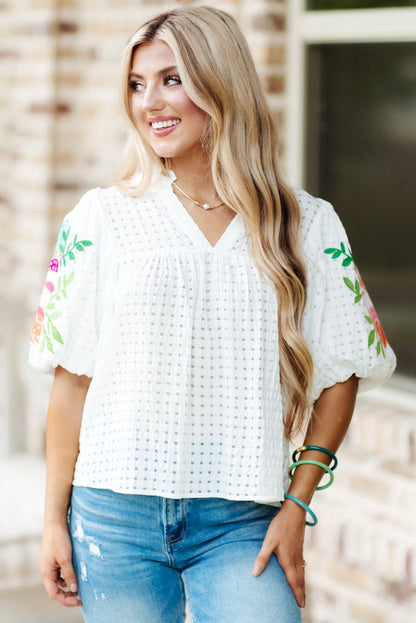 White Floral Embroidered Puff Sleeve Notched Neck Blouse