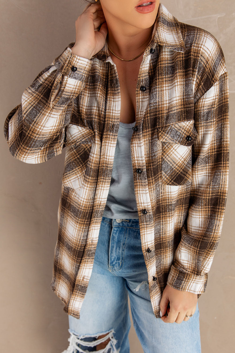 Brown Button Up Collared Plaid Shacket