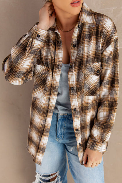 Brown Button Up Collared Plaid Shacket