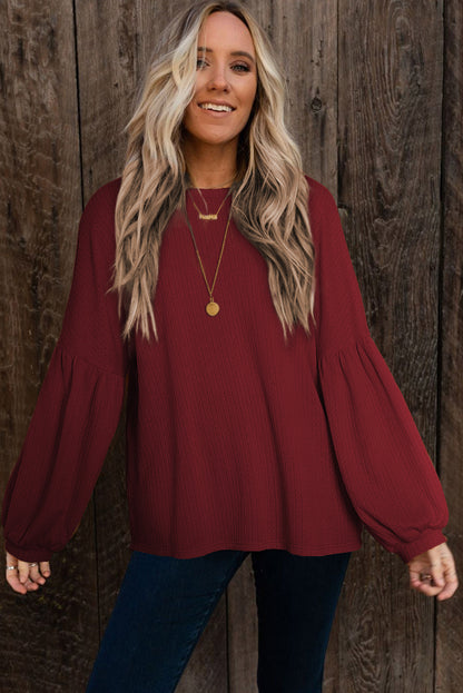 Brown Solid Color Textured Pullover Casual Top