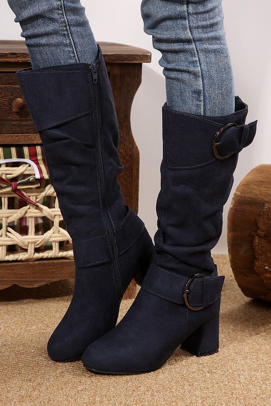 Navy Blue Suede Double Buckled Side Zipper Mid-calf Boots