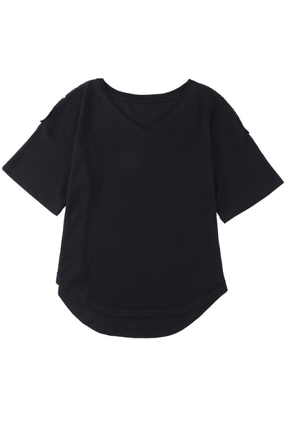 Black Waffle Knit Casual Drop Shoulder Loose Top