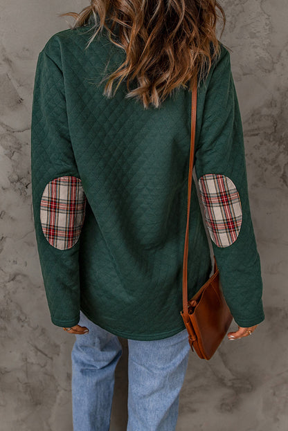 Green Plaid Geometric Texture Trim Buttons Neck Quilted Sweatshirt