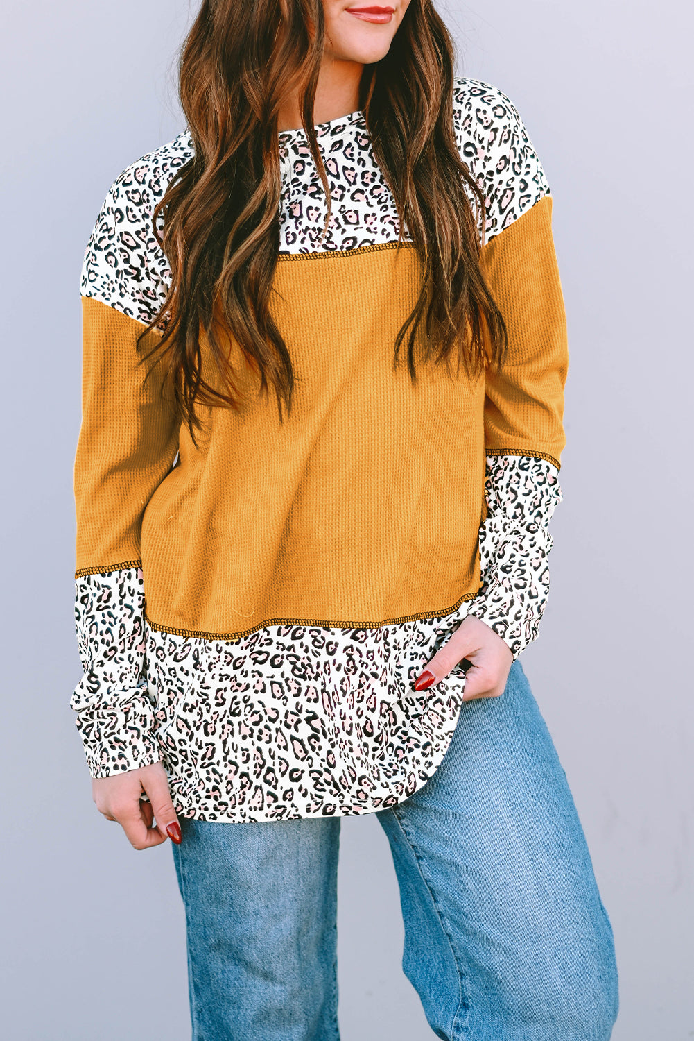 Light Pink Leopard Print Waffle Knit Patchwork Top