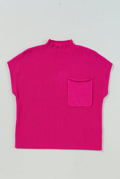 Pink Patch Pocket Ribbed Knit Short Sleeve Sweater