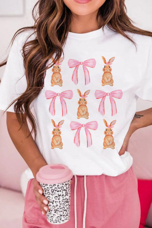 White Rabbit Bow Knot Graphic Crew Neck T Shirt