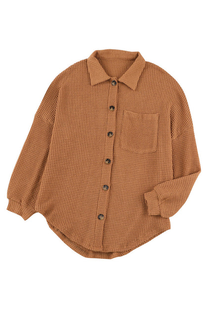 Khaki Pocket Buttons Front Waffle Knit Shacket