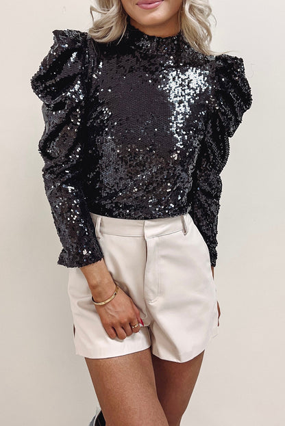 Apricot Sequin Mock Neck Ruched Puff Sleeve Top