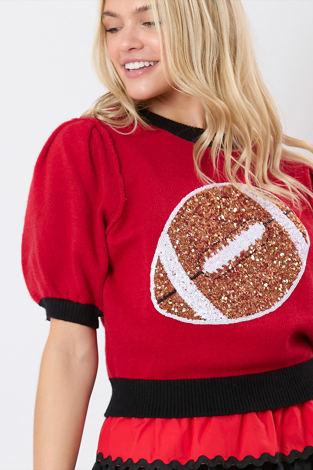 Purple Sequin Rugby Color Block Puff Sleeve Knit Top