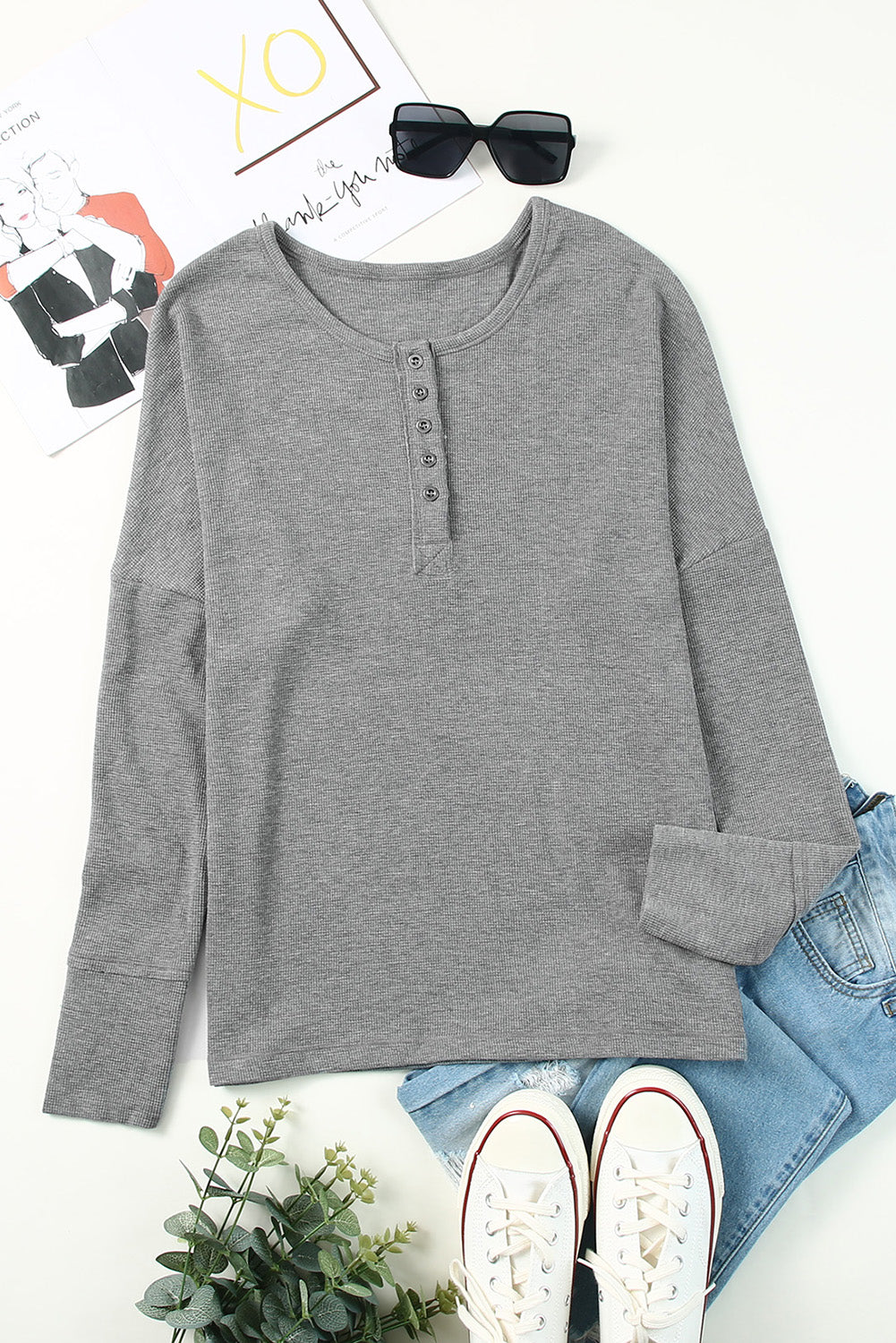 White Casual Waffle Button Front Knit Henley Top