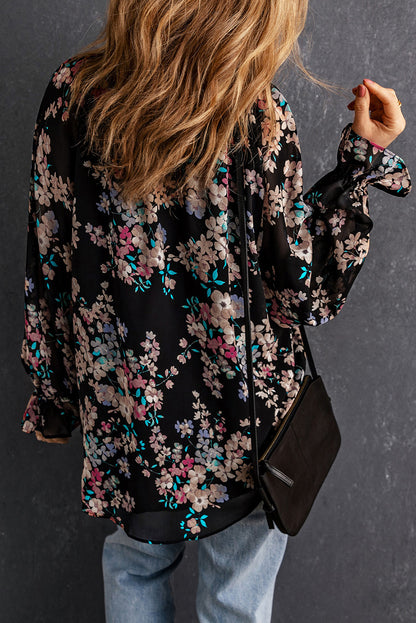 Black Floral Boho Chiffon Ruffle Blouse