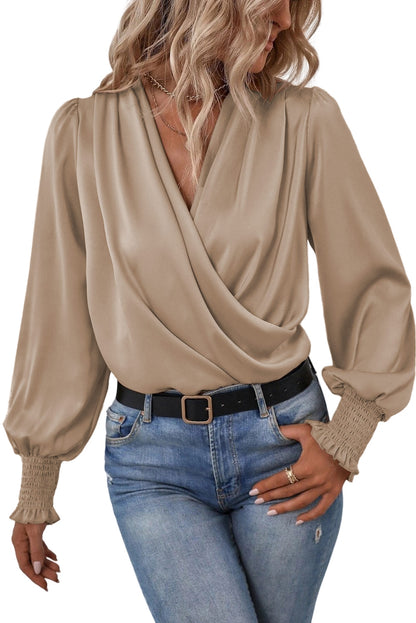 Black Basic Drape V Neck Long Sleeve Women Blouse