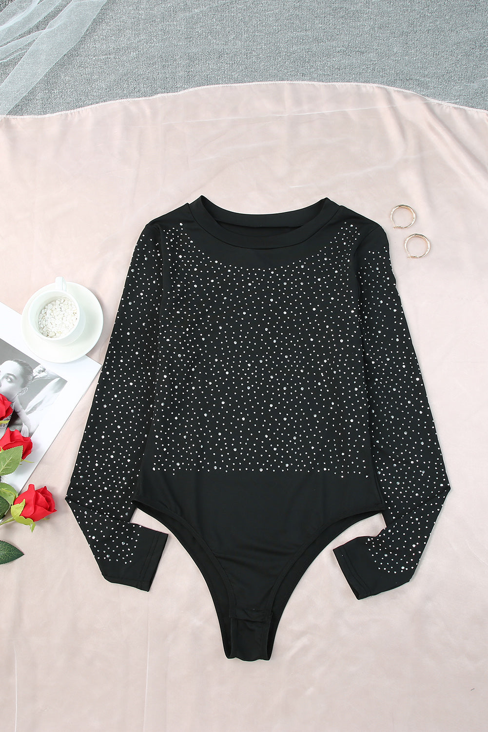 Rosy Rhinestone Slim Fit Long Sleeve Bodysuit