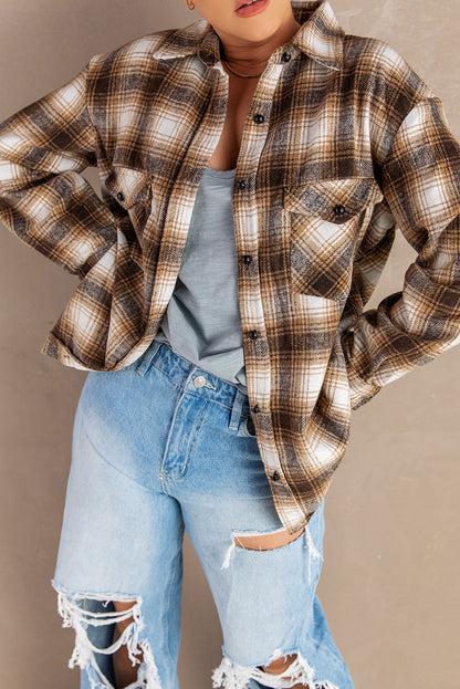 Brown Button Up Collared Plaid Shacket