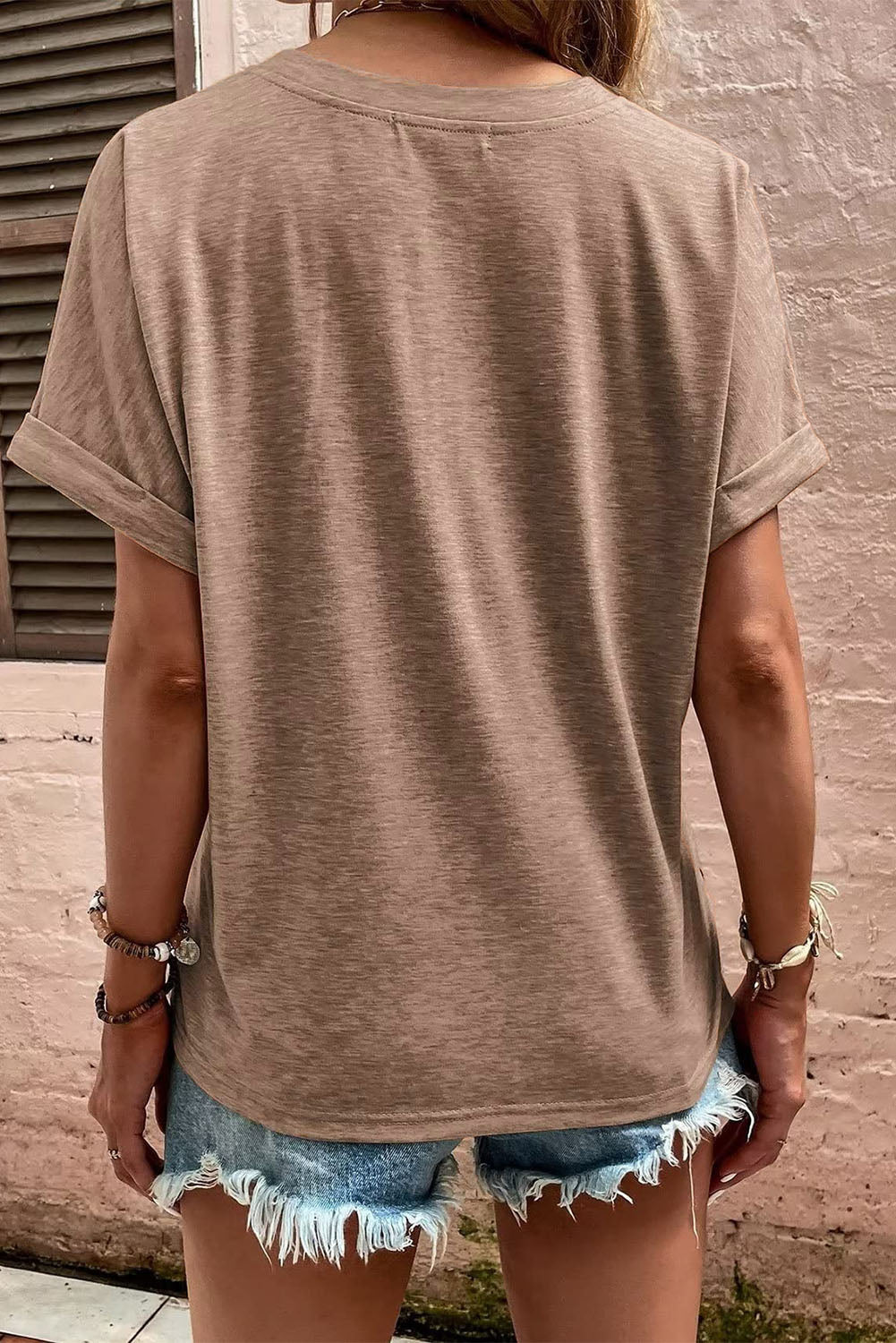 Khaki Button V Neck Short Sleeve Casual T Shirt