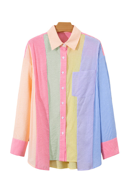 Pink Stripe Color Block Buttoned Oversized Shirt