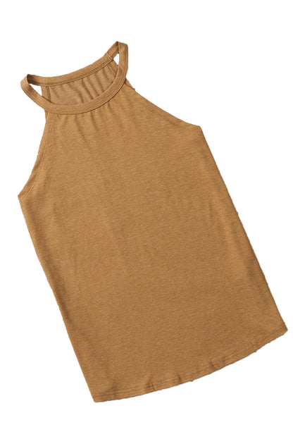 Brown Solid Color Crew Neck Tank Top