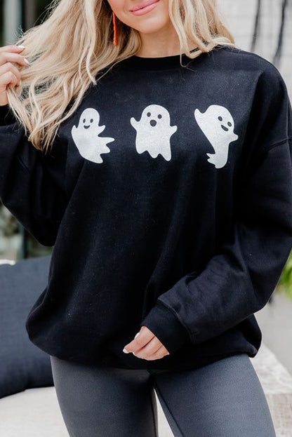 Black Halloween Ghost Print Round Neck Sweatshirt