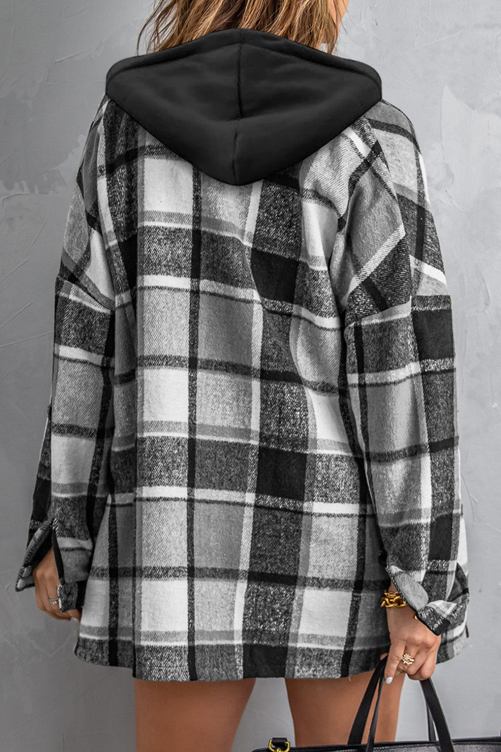 Gray Plaid Button Front Drop Sleeve Hooded Shacket