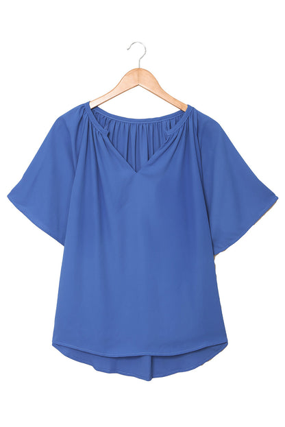 Green Casual Split Neck Pleated Loose Blouse