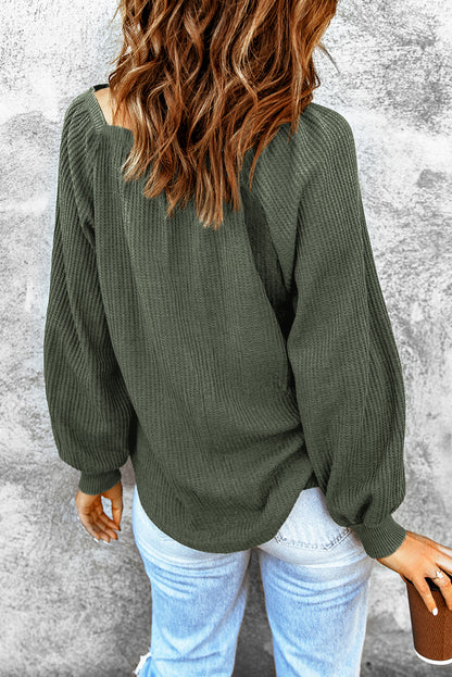 Green Plain Waffle Knit Bishop Sleeve Square Neck Top