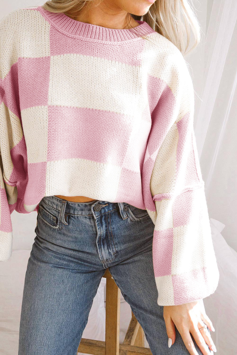 Pink Checked Bishop Sleeve Pullover Sweater