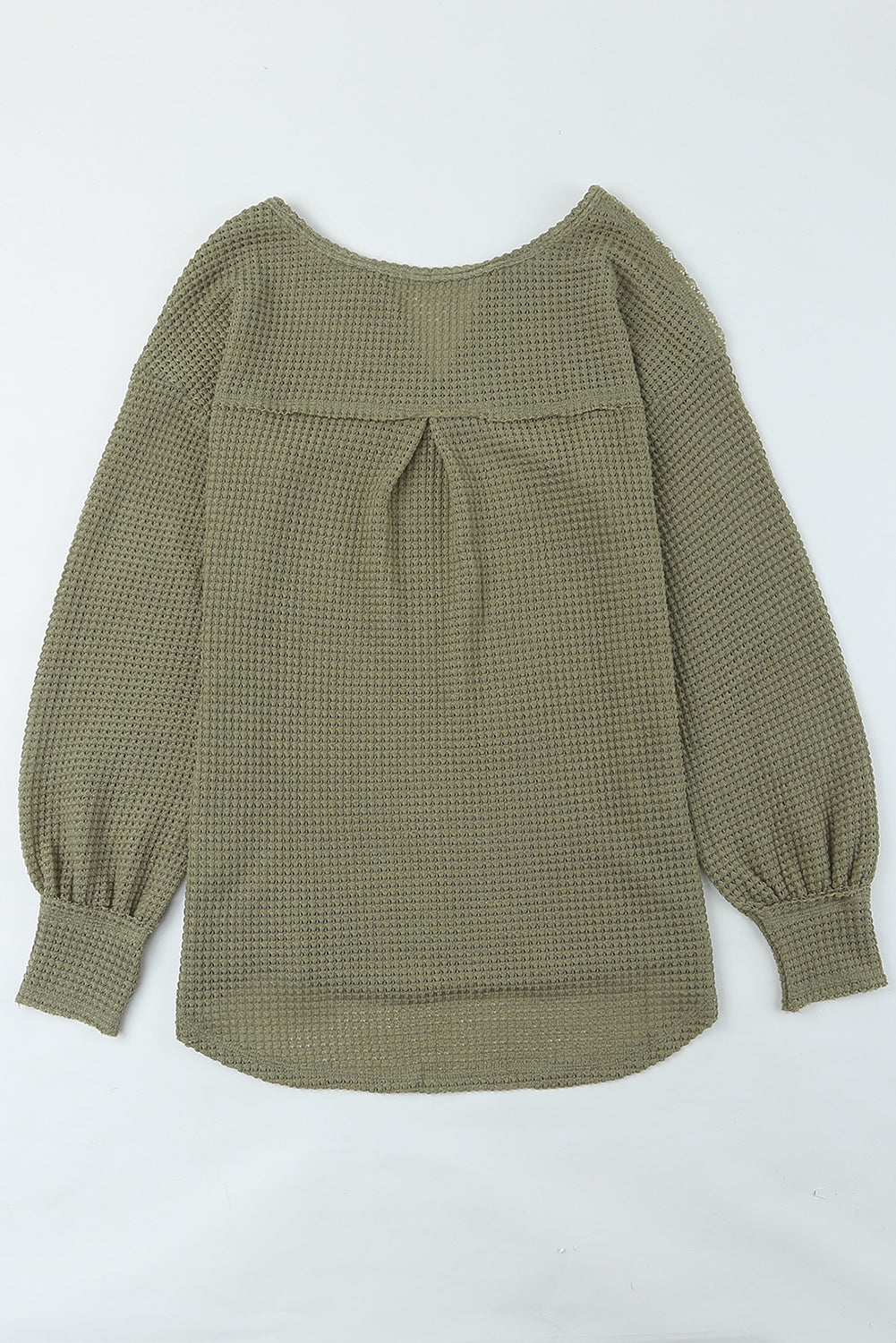 Green Waffle Knit Split V-Neck Top