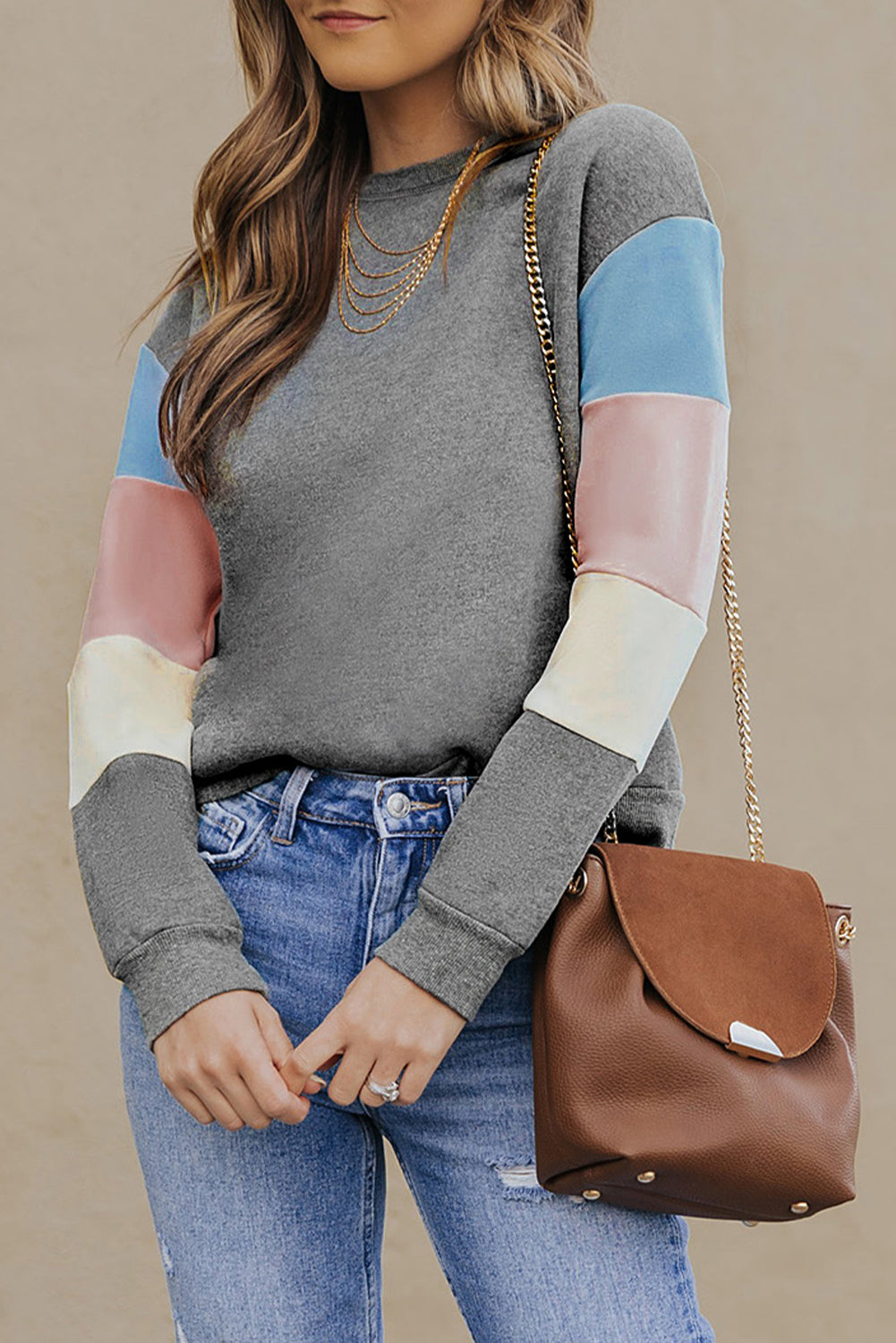 Grey Casual Color Block Drop Sleeve Sweatshirt