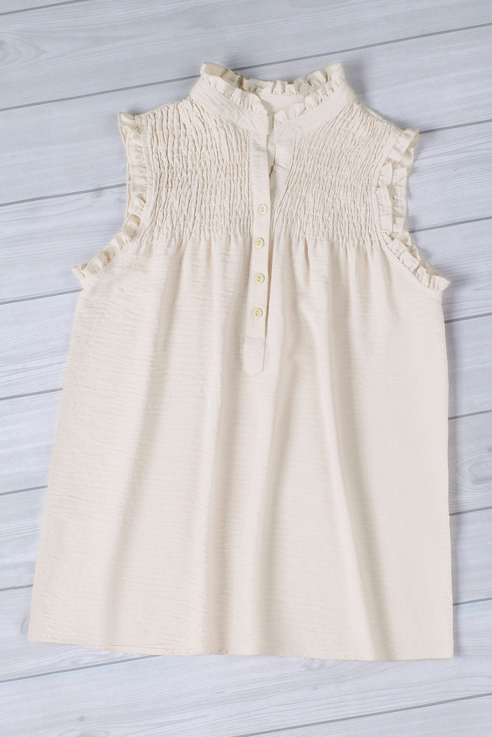 White Smocked Button Front V Neck Sleeveless Shirt