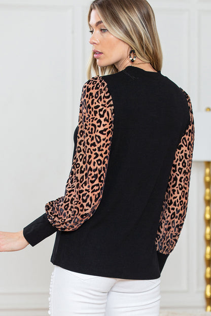 Black Leopard Print Long Sleeve Ribbed Knit Blouse