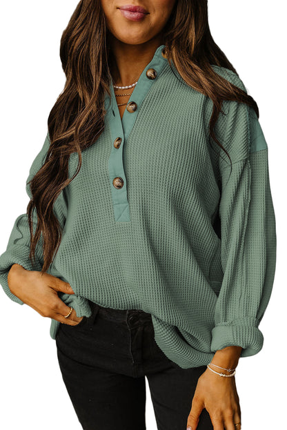 Smoke Green Waffle Patchwork Drop Sleeve Henley Top