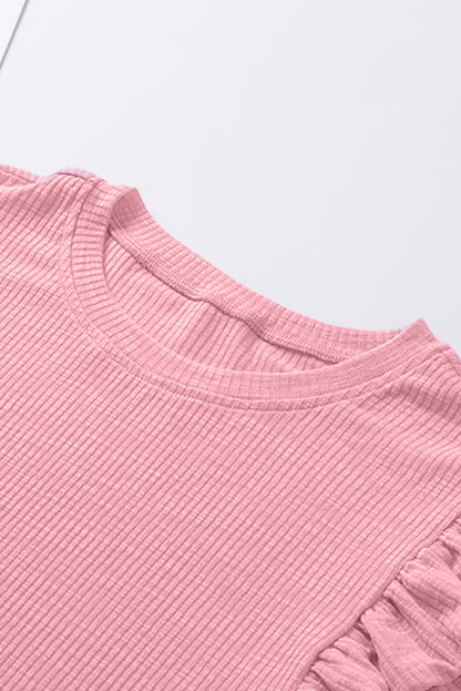 Pink Ruffle Sleeve Crewneck Ribbed Crop Top