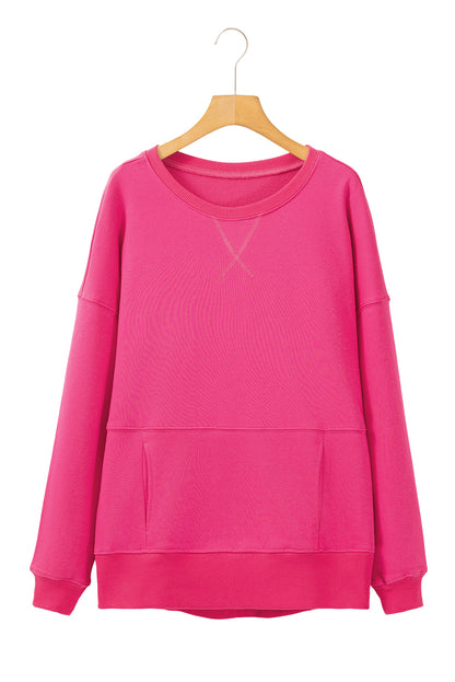 Rose Red Kangaroo Pocket Loose Fit Drop Shoulder Sweatshirt