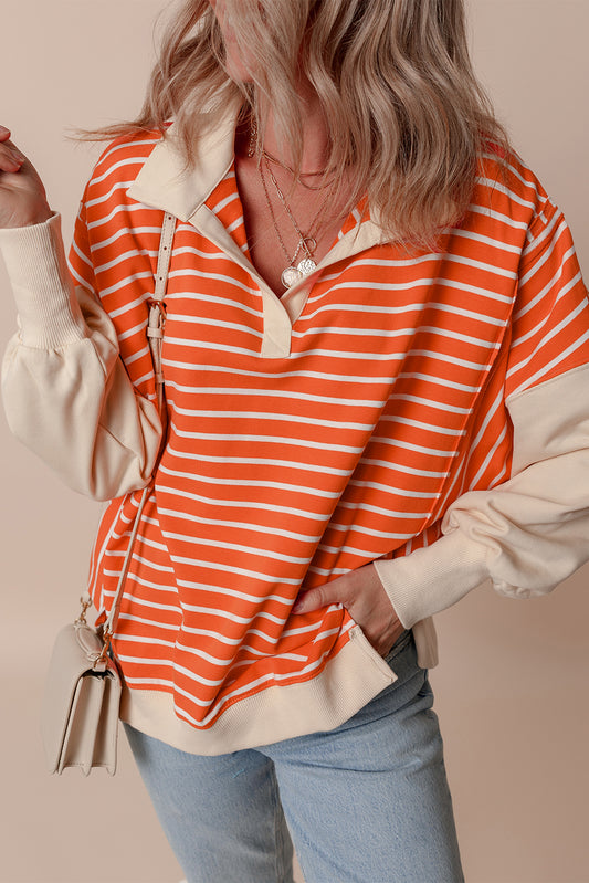 Orange Stripe Color Block Loose Fit Collared Drop Shoulder Sweatshirt