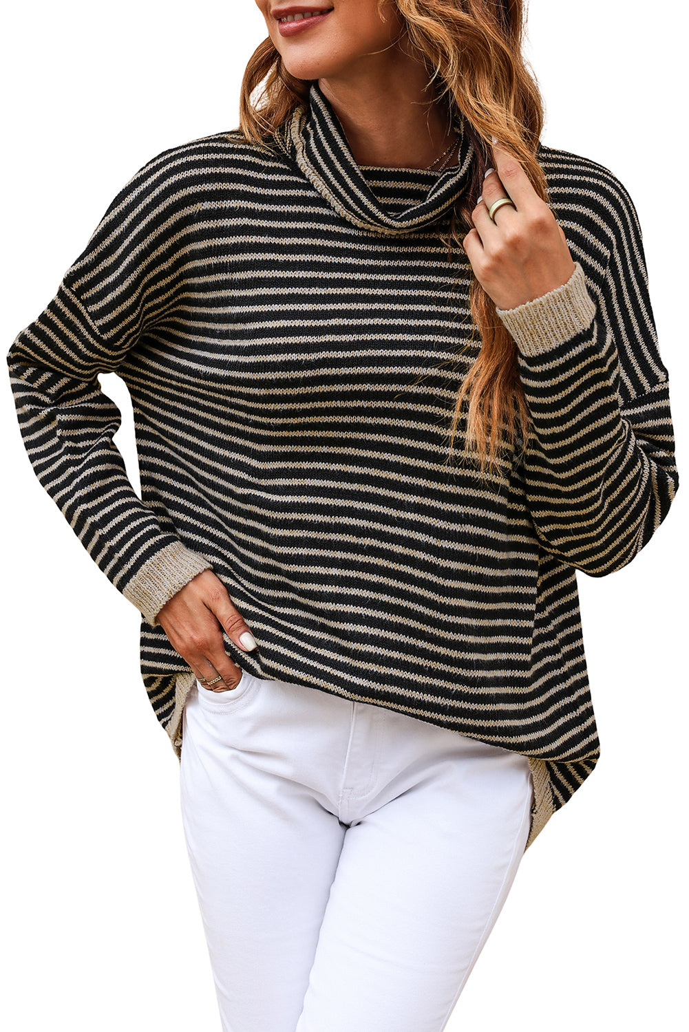 Gray Striped Turtleneck Oversized Sweater