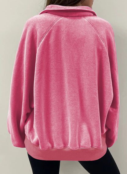 Pink Solid Snap Buttons Collared Balloon Sleeve Oversized Sweatshirt