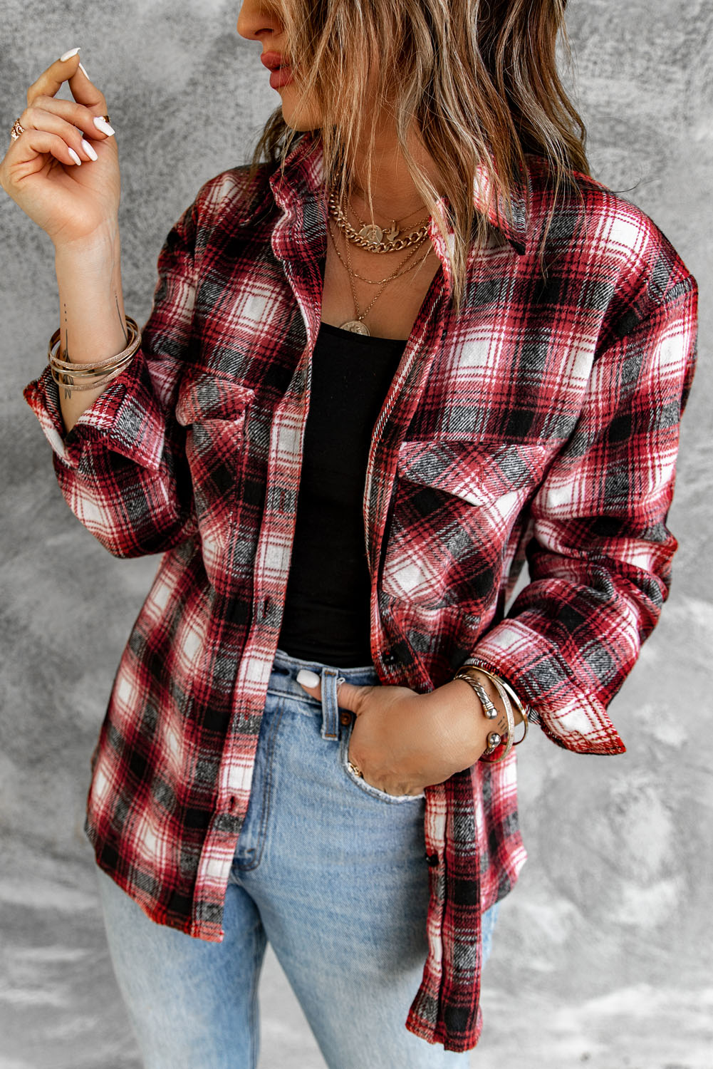 Brown Button Up Collared Plaid Shacket