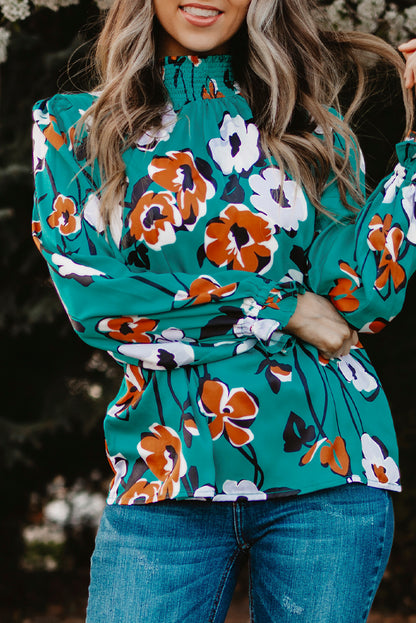 Green Mock Neck Top Floral Print Long Sleeve Silk Blouse