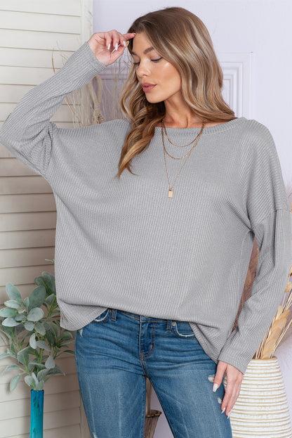 Grey Waffle Knit Backless Drop Shoulder Top