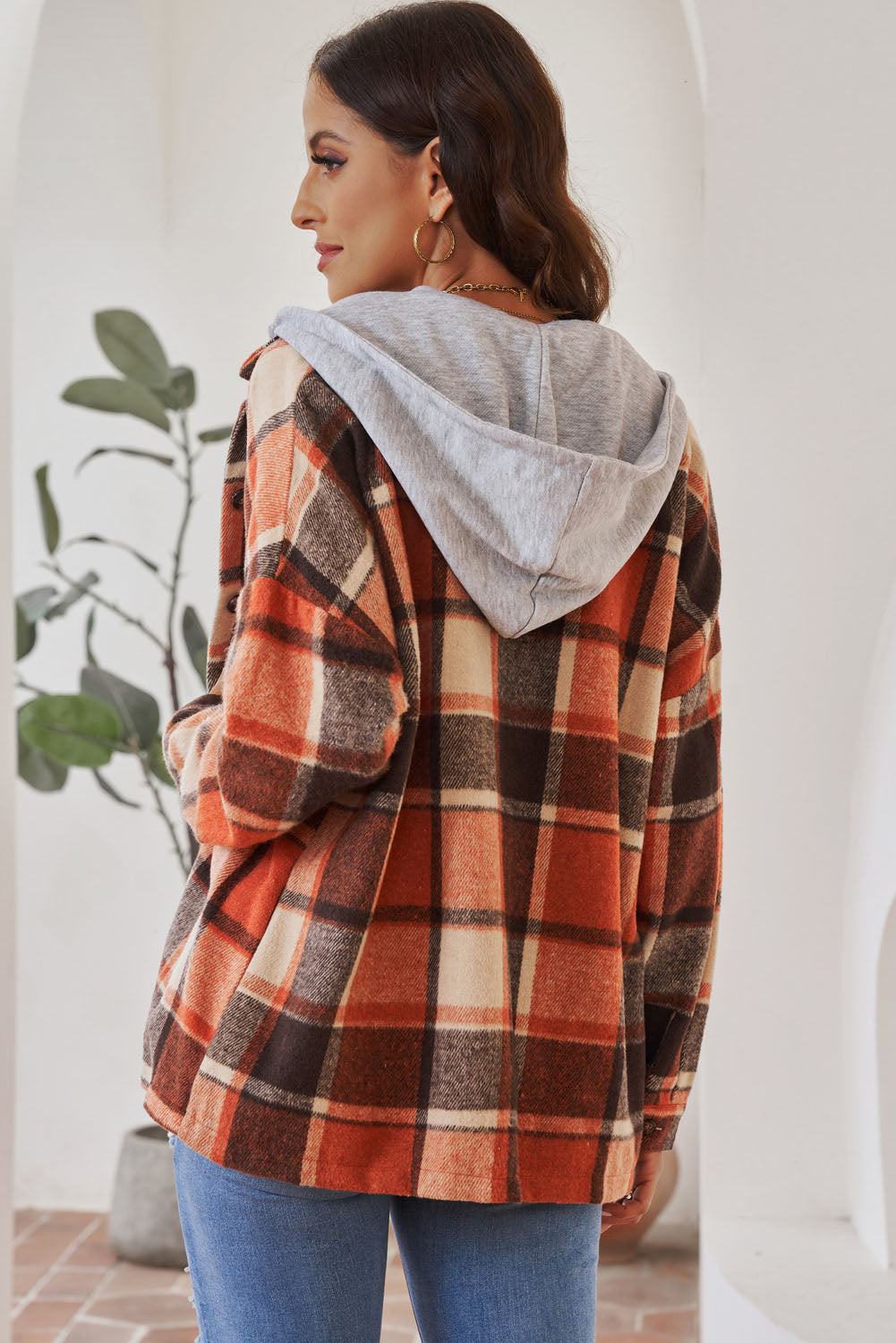 Gray Plaid Button Front Drop Sleeve Hooded Shacket