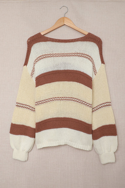 V neck Knitted Lantern Sleeve Pullover Sweater