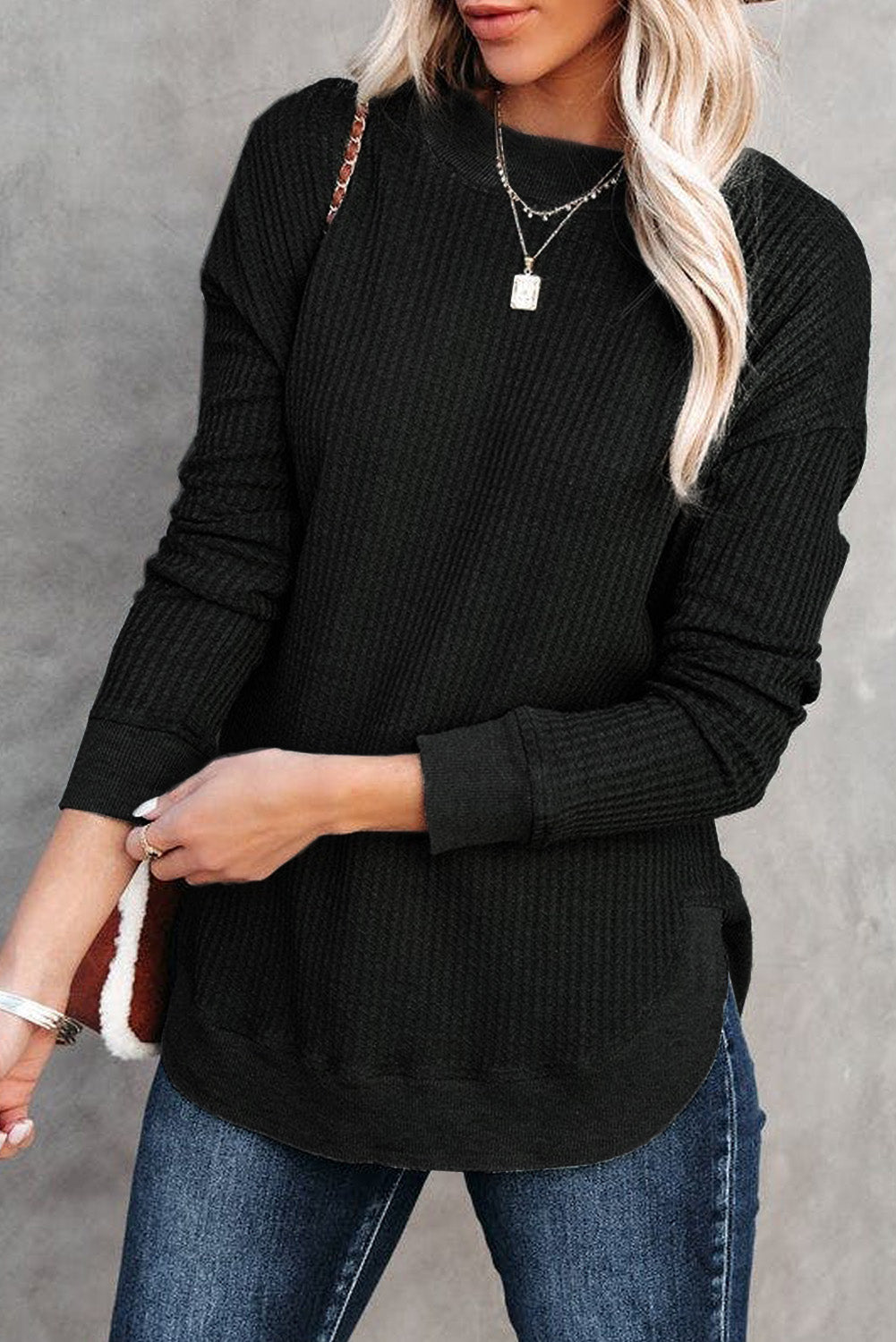 Pink Waffle Knit Crew Neck Casual Long Sleeve Top