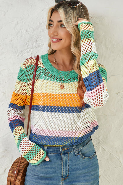 Green Colorblock Striped Hollow Knitted Top