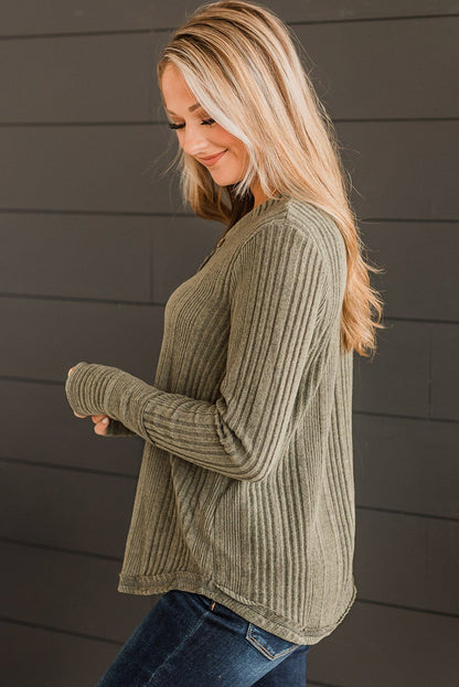 Pickle Green V Neck Buttoned Ribbed Knit Top