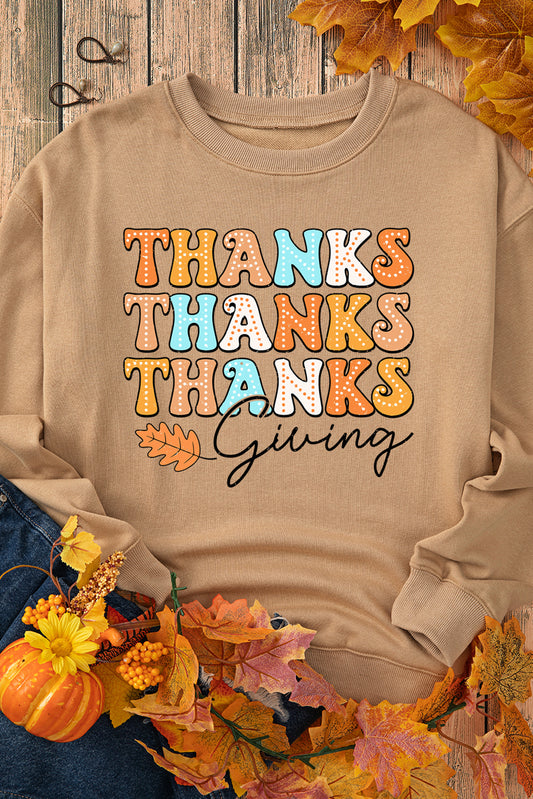 Khaki THANKS giving Leave Printed Drop Shoulder Sweatshirt