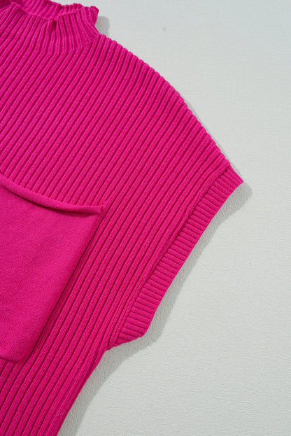 Pink Patch Pocket Ribbed Knit Short Sleeve Sweater