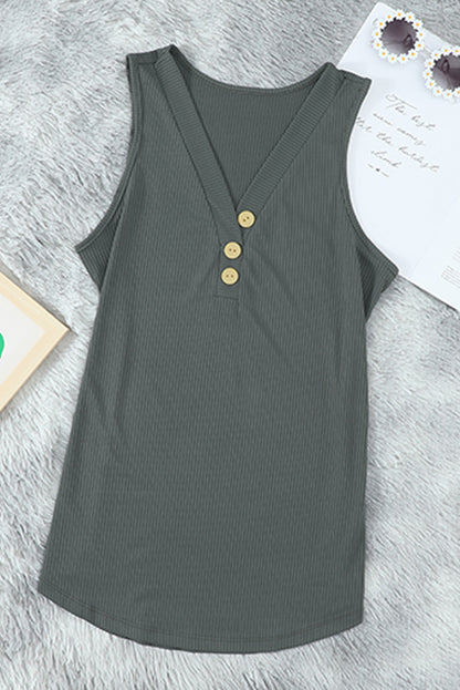 Button V-Neck Black Rib-Knit Tank Top