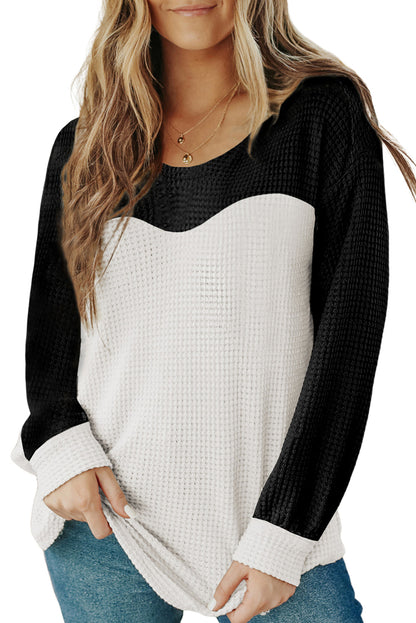 Black and White Color Block Waffle Knit Pullover