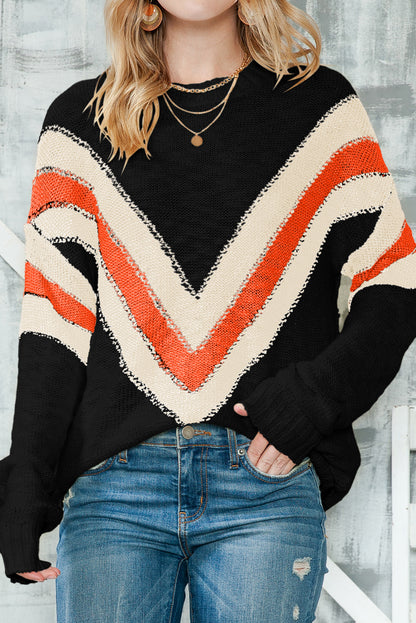 Chevron Striped Drop Shoulder Sweater