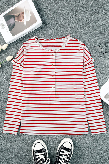 Red Striped Snap Button Frill Neck Long Sleeve Henley Shirt